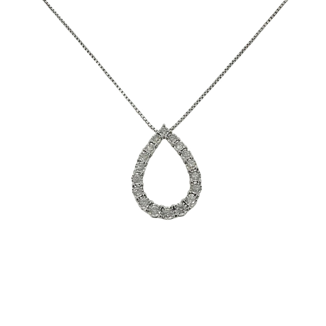 White silver diamond open teardrop pendant on a white silver box chain.