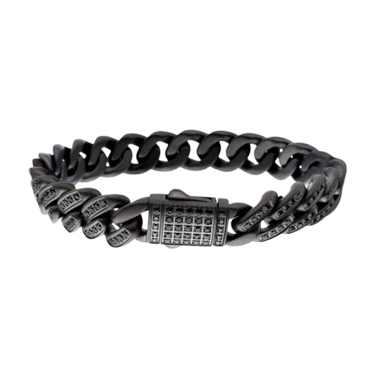Gunmetal Gray Steel Curb Bracelet with Black Sapphires