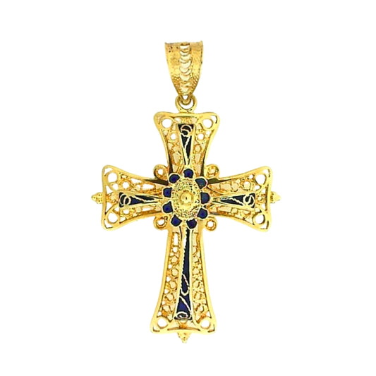 Gold Filigree Blue Enamel Cross Pendant