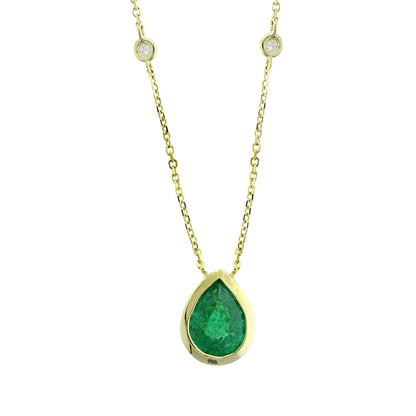 Yellow Gold Pear Emerald Bezel Set Necklace