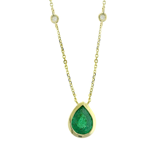 Yellow Gold Pear Emerald Bezel Set Necklace