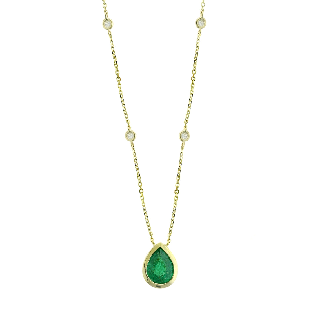 Yellow Gold Pear Emerald Bezel Set Necklace