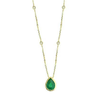 Yellow Gold Pear Emerald Bezel Set Necklace