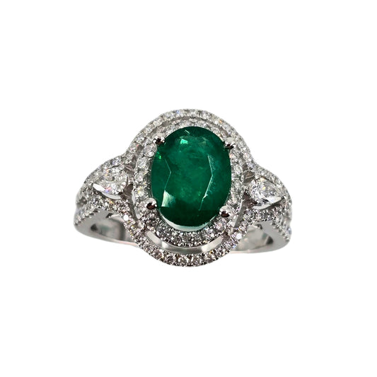 White Gold Emerald and Pear Diamond Ring