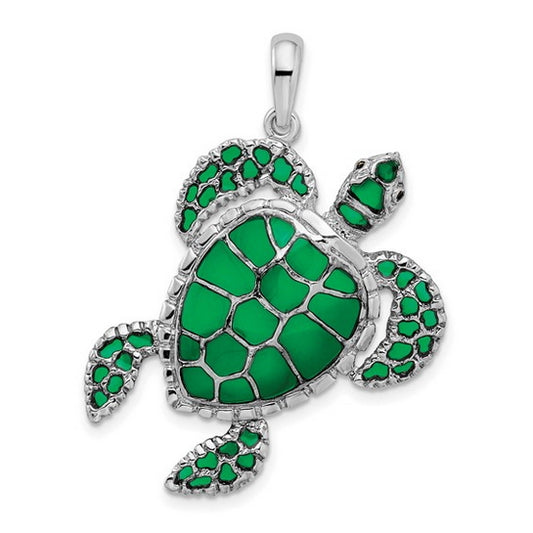 White Sterling Silver Sea Turtle Charm With Green Enamel