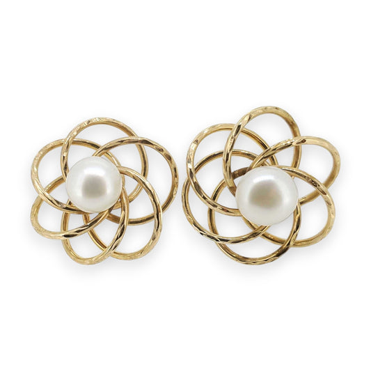 Yellow Gold Pearl Spiral Earrings