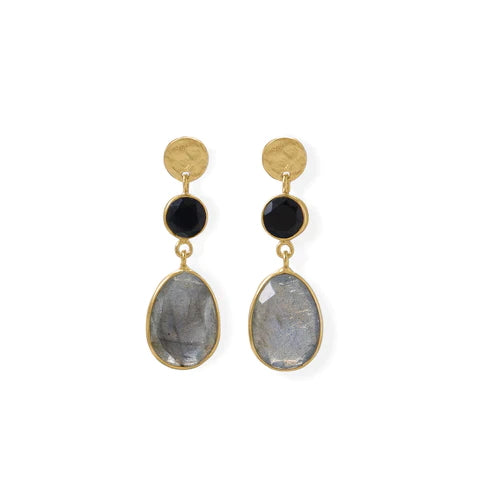 Yellow Sterling Silver Drop Earring With Black Onyx And Labradorite