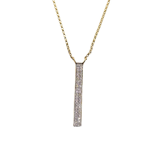 Yellow gold necklace with two rows of round diamonds descending in a stick design.
