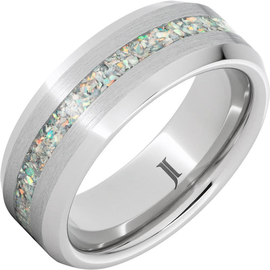 Serinium Beveled Wedding Band with Opal Inlay