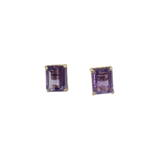 Yellow Gold Emerald Cut Amethyst Studs