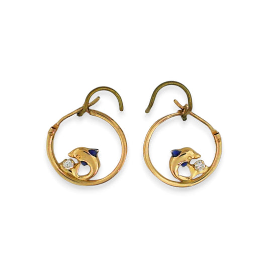 Vintage Yellow Gold Dolphin Hoop Earrings