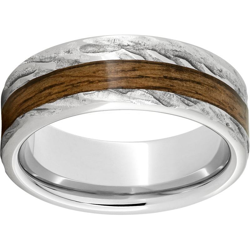 Serinium Bark Finish Flat Top Wedding Band with 3MM Off Center Bourbon Barrel Inlay