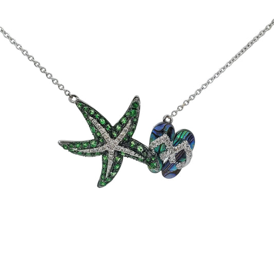 White Gold Starfish Necklace with Garnet, Diamond, and Abalone Inlay