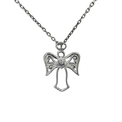 White silver angel shaped charm on a white sterling silver chain.
