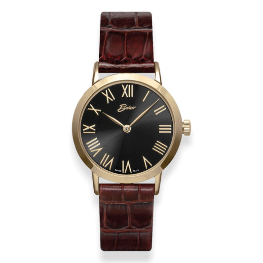 Yellow Stainless Steel Dress Watch with Black Dial and Brown Strap