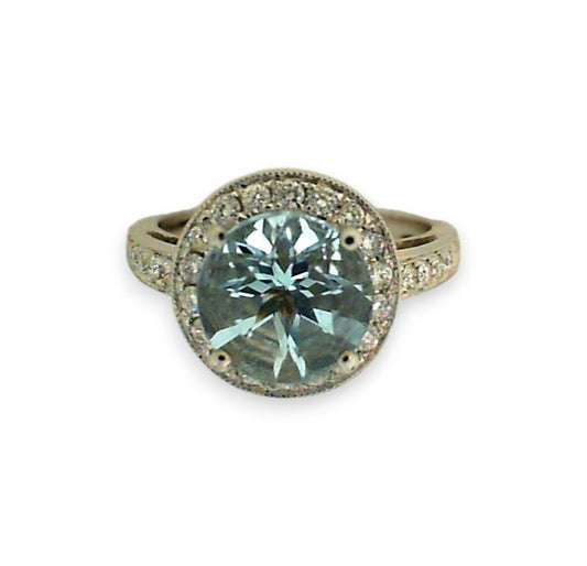 Vintage Inspired Aquamarine And Diamond Halo Style Ring