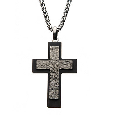 Stainless Steel and Carbon Fiber Cross Pendant with Steel Wheat Chain