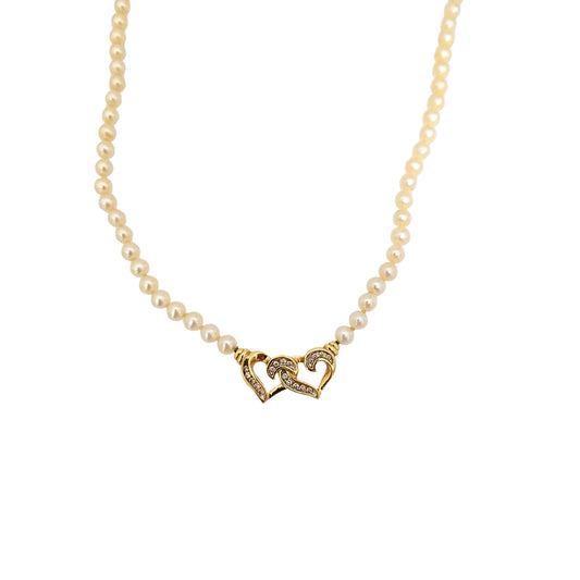 Pearl Necklace with Diamond Double Heart Station