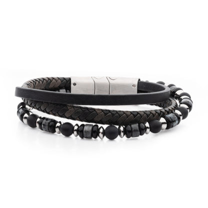 Grey Leather and Bead Multi-Strand Bracelet with Magnetic Clasp