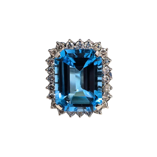 Emerald Cut Aqua and Diamond Cocktail Ring