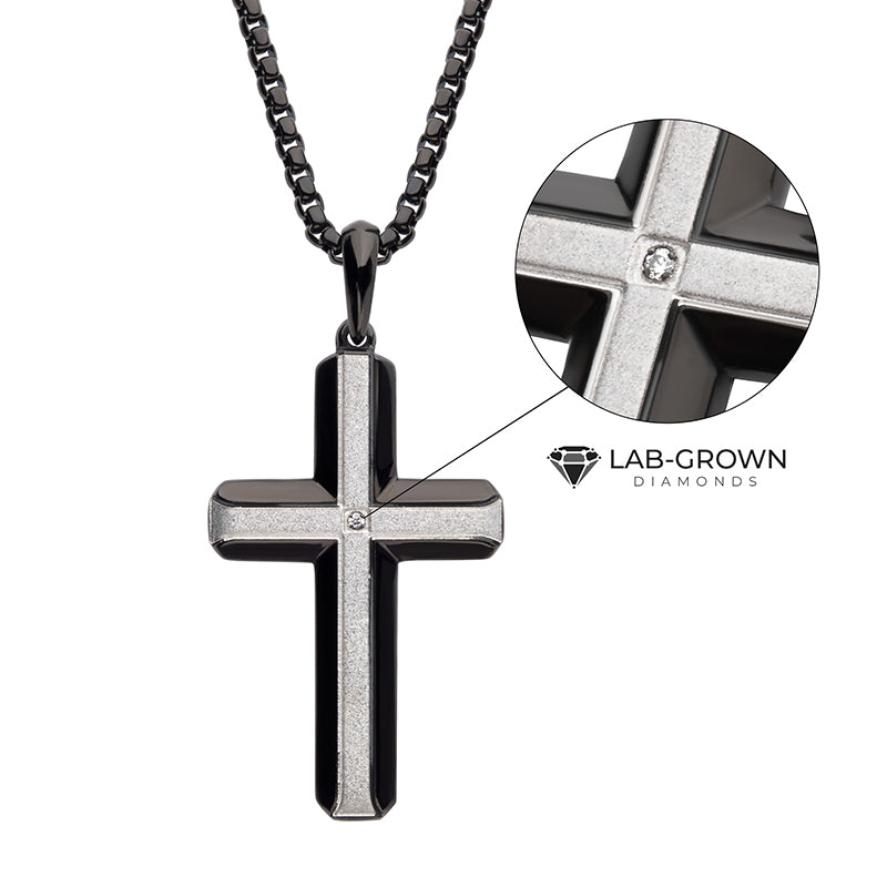 Two Tone Stainless Steel Lab Grown Diamond Cross Pendant