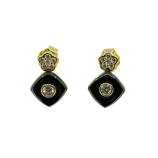Stylish yellow silver earrings featuring a black square drop with bezel set cz and decorative floral stud accents.