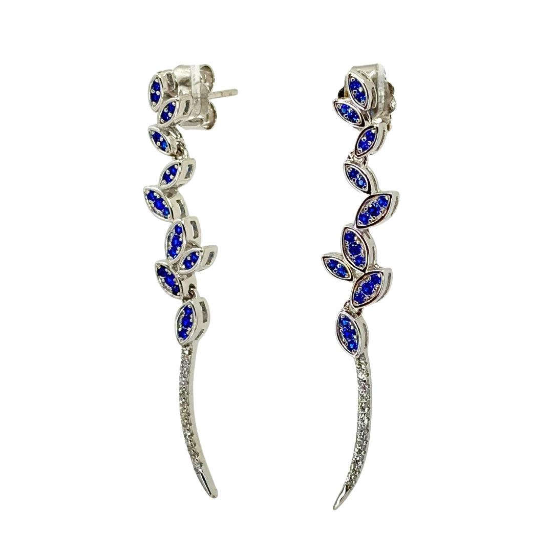 White silver drop earrings featuring a delicate leaf design accented with sparkling blue and white cubic zirconia stones.