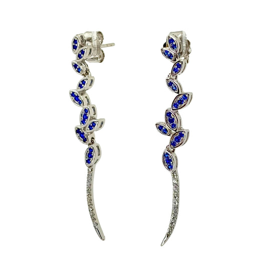 White silver drop earrings featuring a delicate leaf design accented with sparkling blue and white cubic zirconia stones.