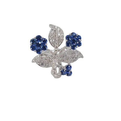 18 Karat White Gold Round Sapphire and Diamond Flower and Leaves Ring