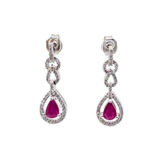 White Gold Pear Ruby and Diamond Drop Earrings