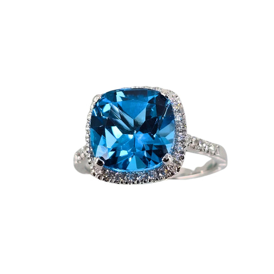 Swiss Blue Topaz and Diamond Halo Ring