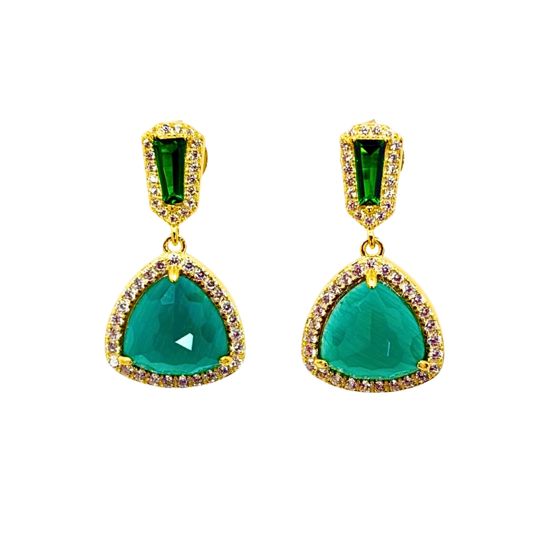 Green Faceted Trillion and Cz Post Earrings