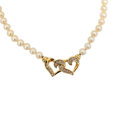 Pearl Necklace with Diamond Double Heart Station