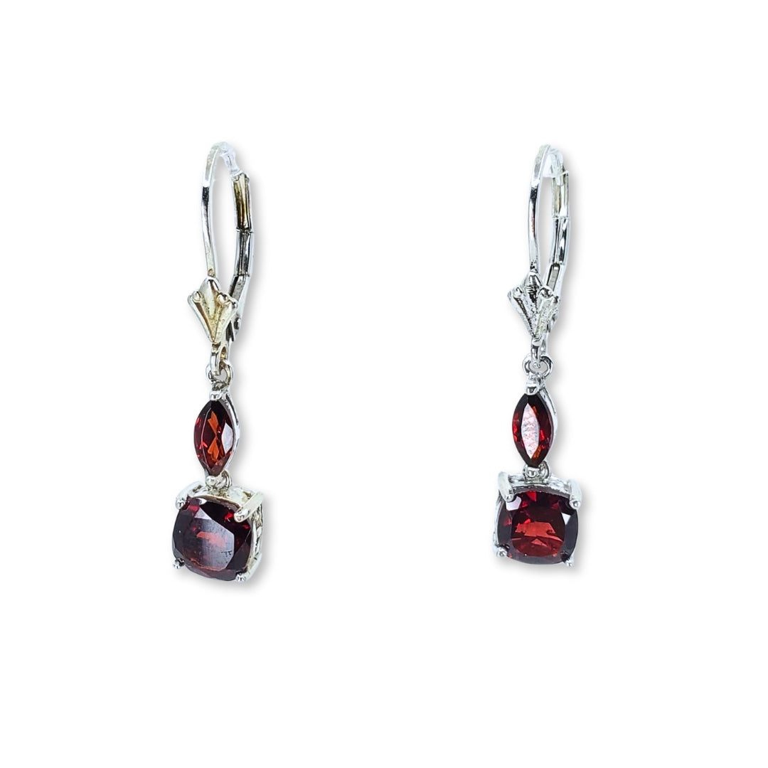 White Sterling Silver Garnet Drop Earrings