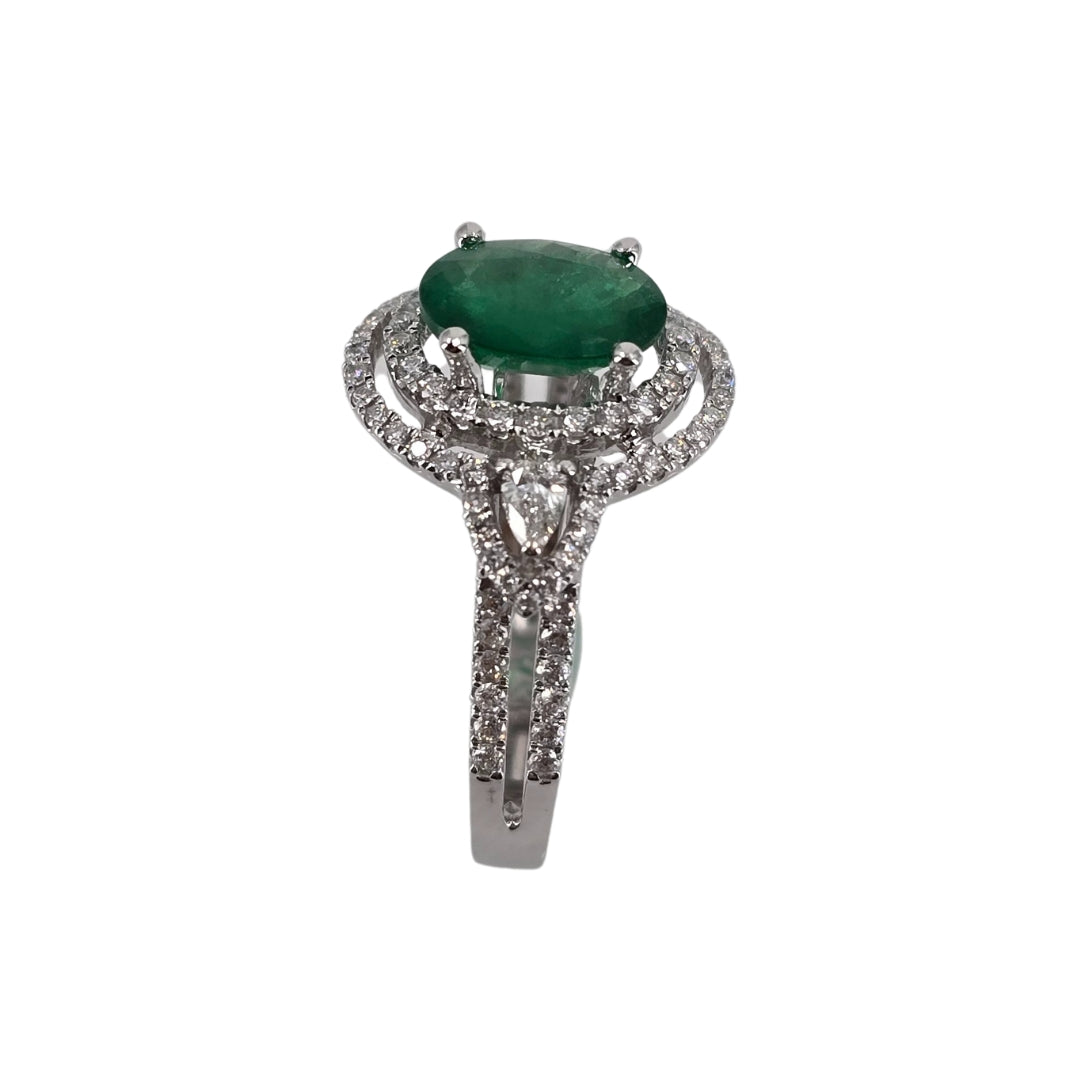 White Gold Emerald and Pear Diamond Ring