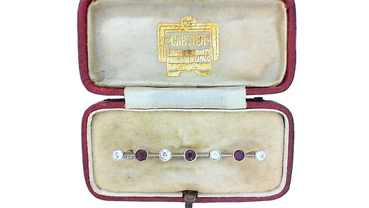 Vintage Diamond and Ruby Bar Pin in Vintage Cartier Box