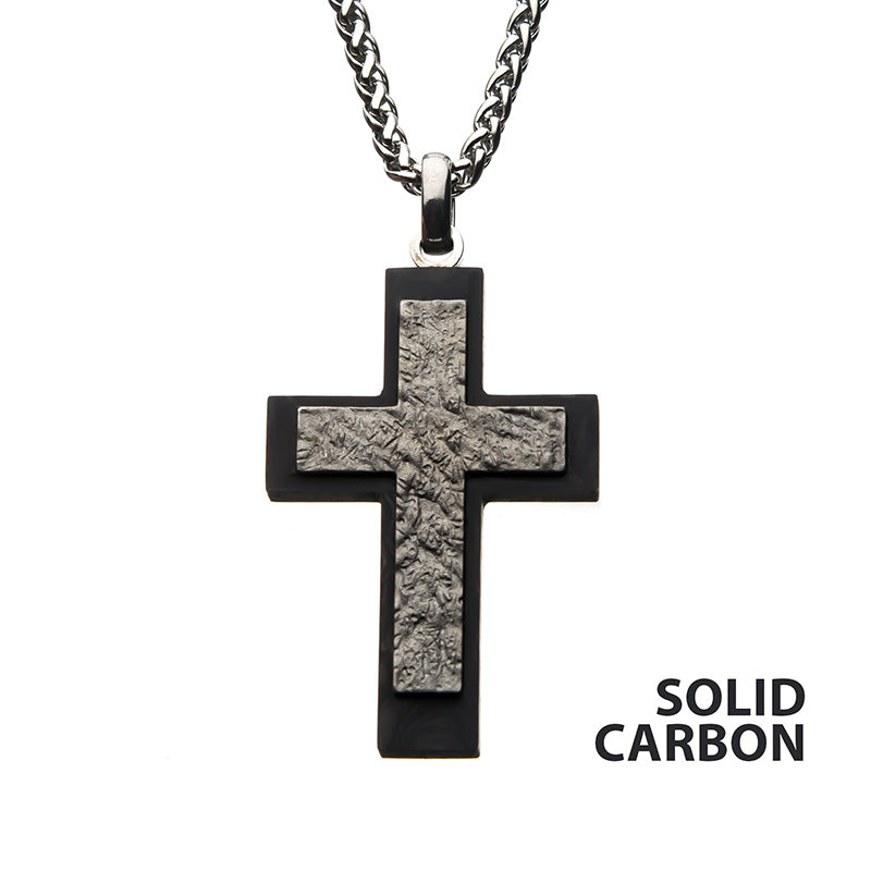 Stainless Steel and Carbon Fiber Cross Pendant with Steel Wheat Chain
