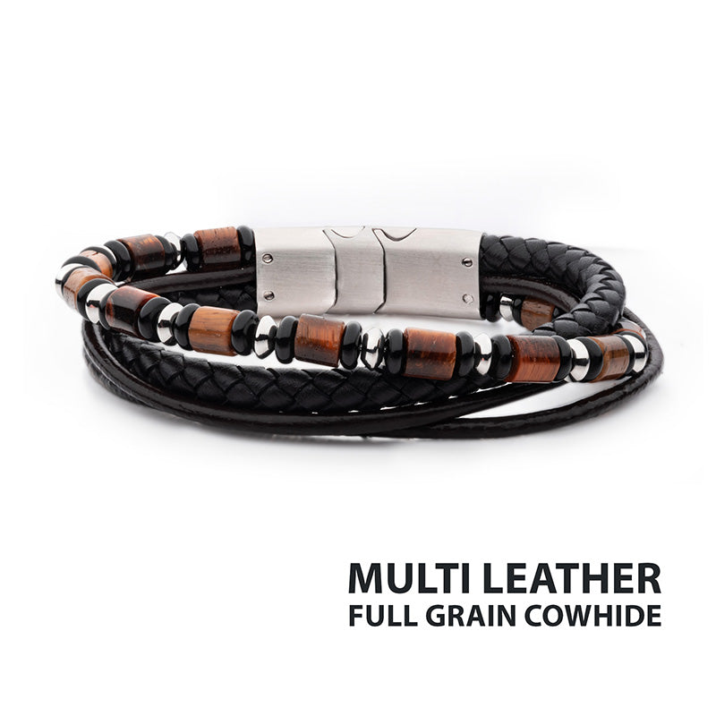 Cowhide Leather and Bead Multi-Strand Bracelet with Magnetic Clasp