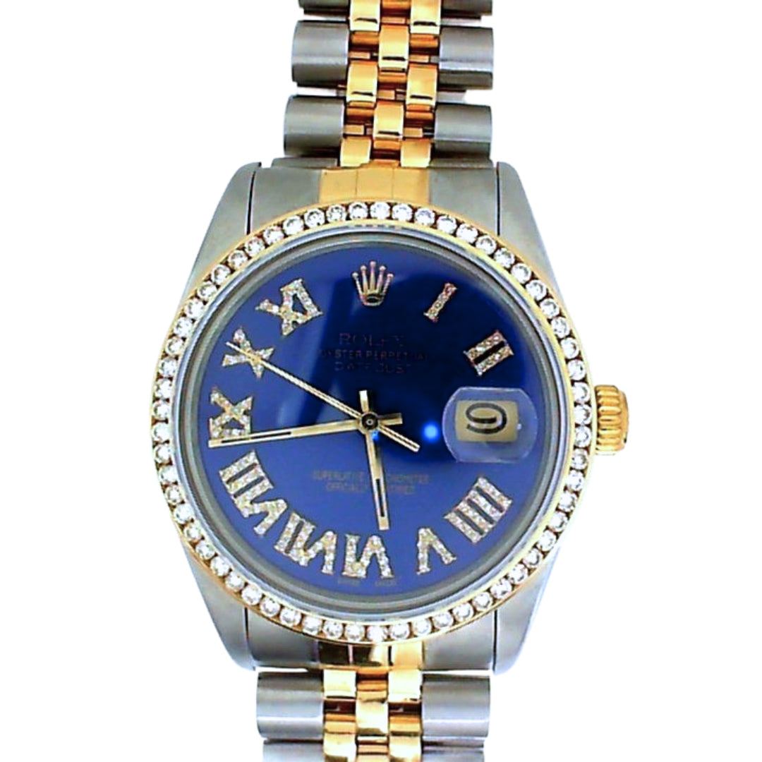 Vintage Rolex Datejust Watch with Blue Roman Numeral Diamond Dial and Bezel