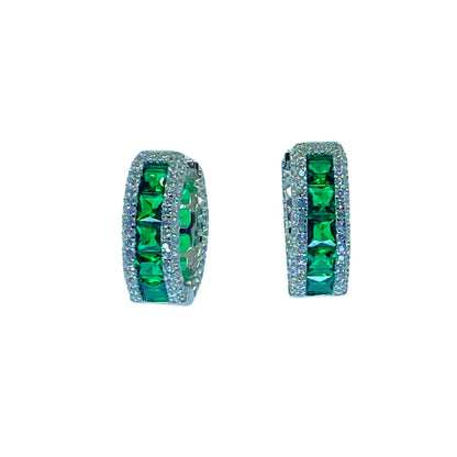 White Sterling Silver Green Cz Huggy Earrings