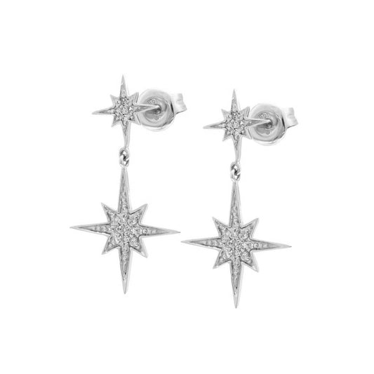White 14 karat gold double star stud earrings set with 36 round diamonds, featuring a delicate celestial design with subtle sparkle.