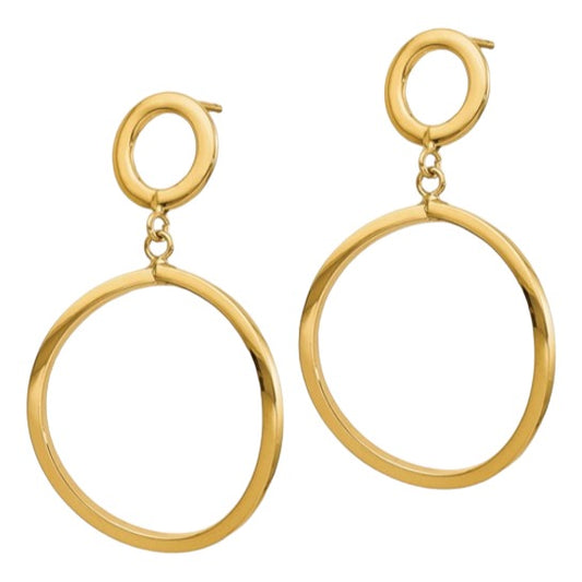 Yellow gold drop earrings with a circle design on a white background.