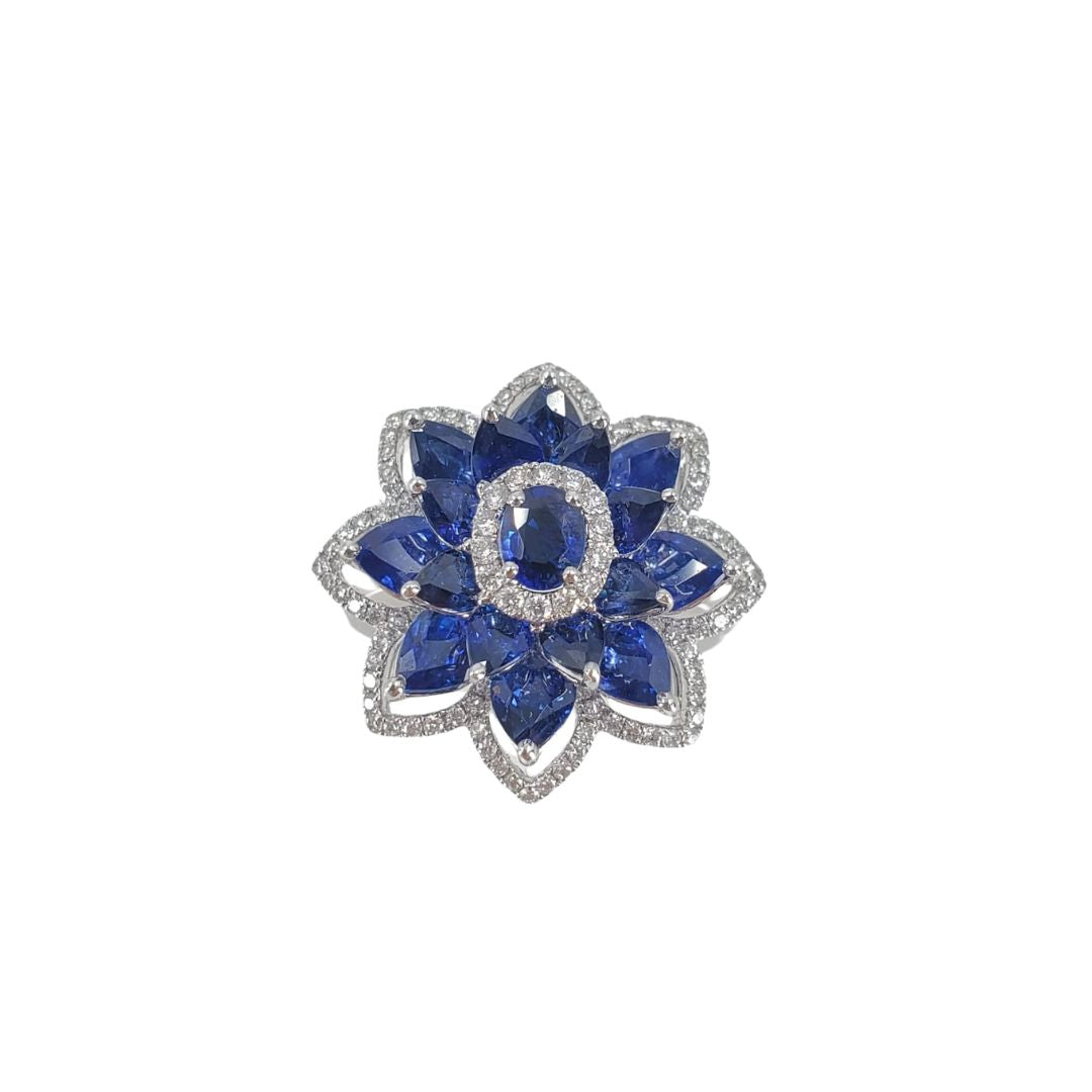 18 Karat White Gold Pear Sapphire and Round Diamond Flower Ring