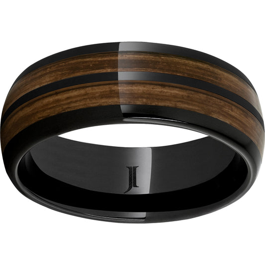 Black Ceramic Wedding Band with 2-2MM Bourbon Barrel Inlays