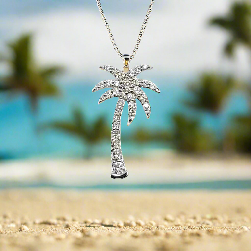 White Gold Round Diamond Palm Tree Pendant