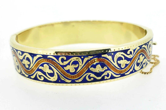 Yellow Gold Blue and Tangerine Enamel Bangle Bracelet