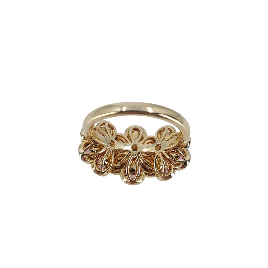 18 Karat Yellow Gold Pink Sapphire and Round Diamond Triple Flower Ring