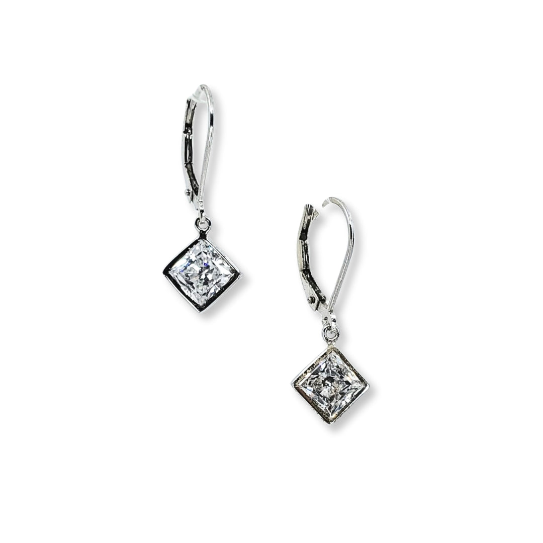 White Sterling Silver Lever Back Earrings with Cubic Zirconia