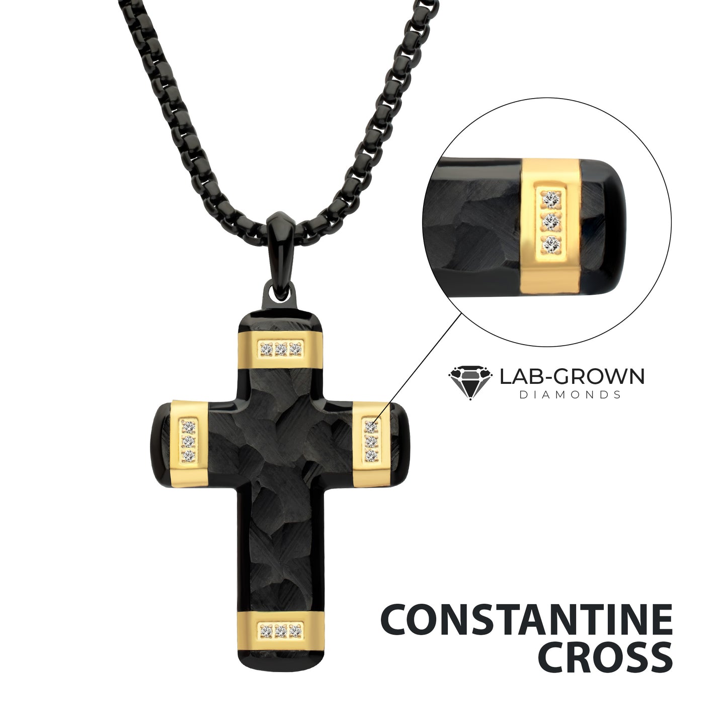 Small Black And Yellow Stainless Steel Cross Pendant with Lab Grown Diamond Accents