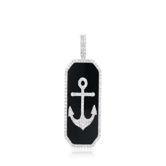 White Gold Dog Tag Pendant with Diamond Anchor and Frame